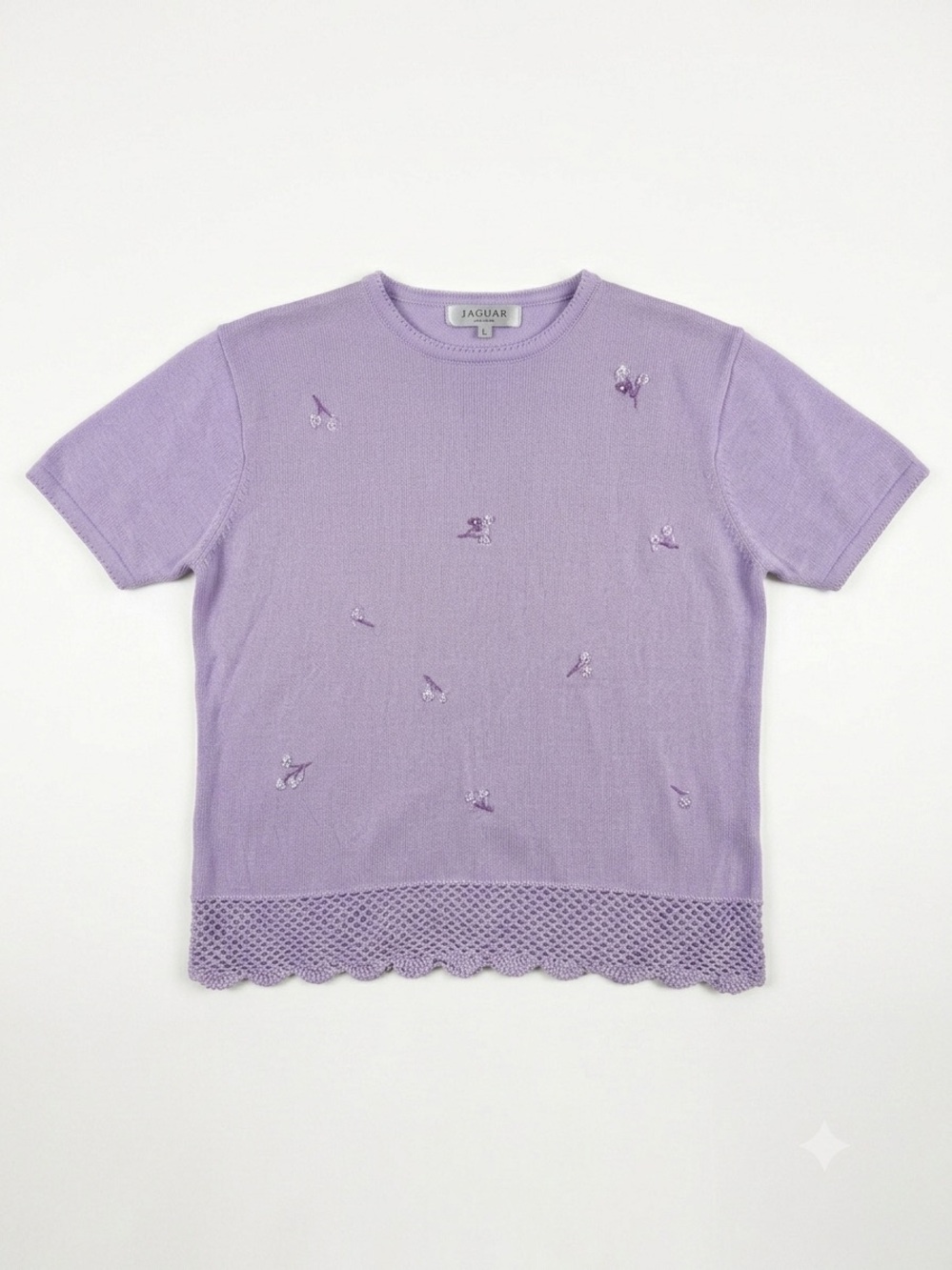 Vintage Jaguar Lavender Knit Short Sleeve Top Floral Beaded Crochet Hem Size L